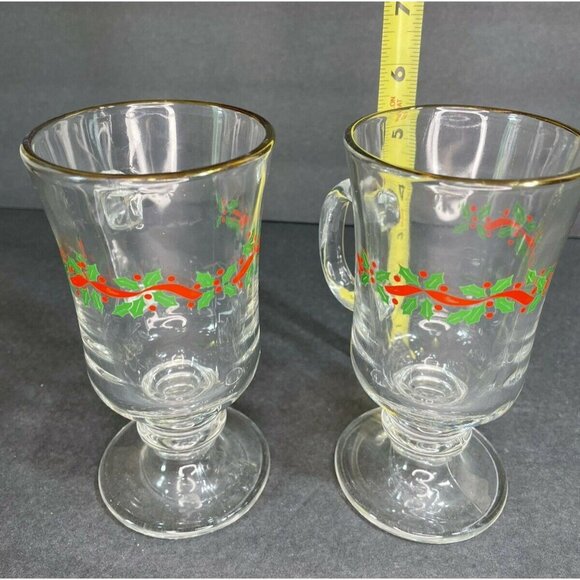 Vintage Libby Christmas Holly Berries Footed Irish Coffee Mug Set of 2 Gold Rim - Picture 10 of 10
